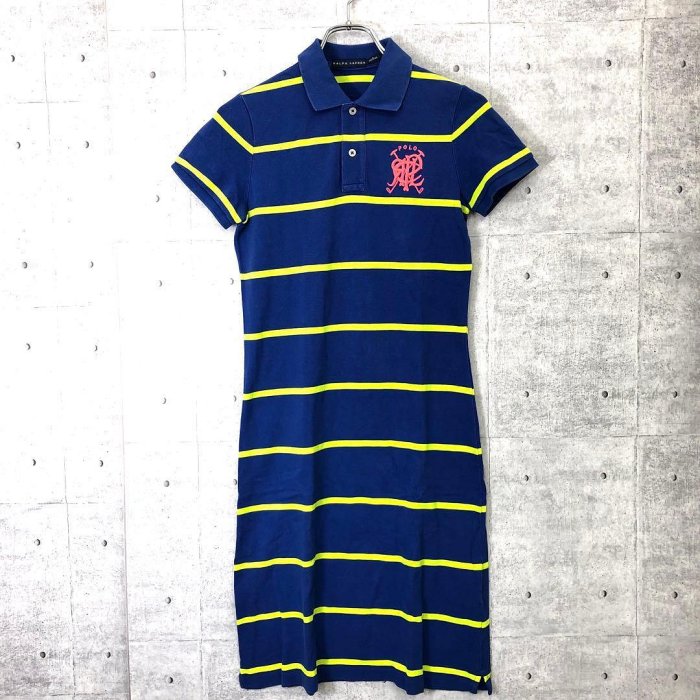 RALPHLAUREN清新女孩古著刺繡條紋Polo衫連身裙