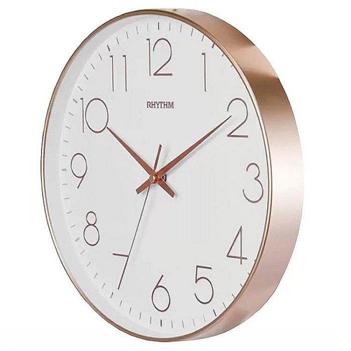 RHYTHM CLOCK 日本霧玫瑰金框白面立體浮阿拉伯數字刻劃靜音掛鐘型號