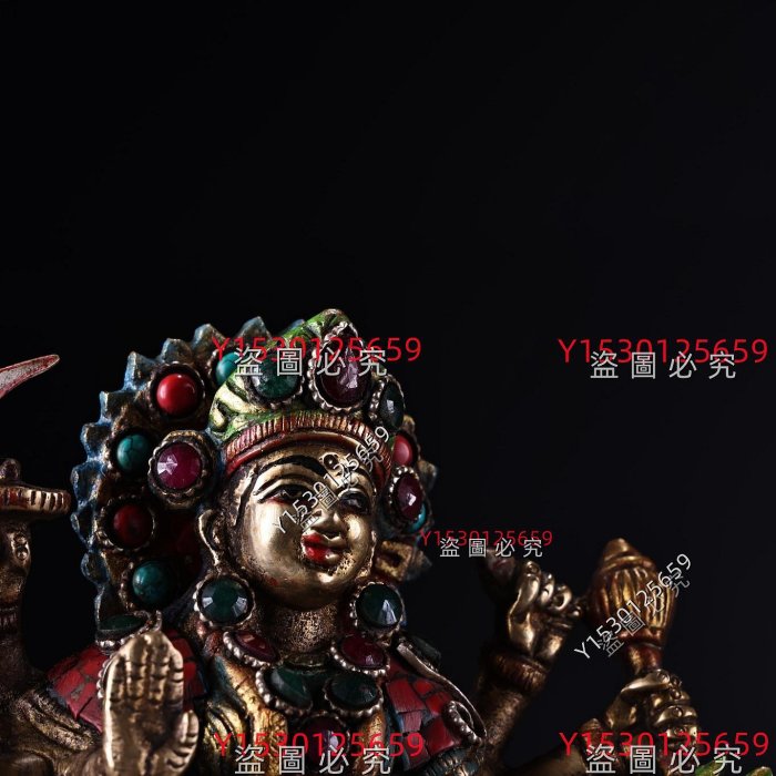 尼泊爾寺院收老純銅純手工打造鑲嵌寶石彩繪描金六臂騎獅護法神重2340克