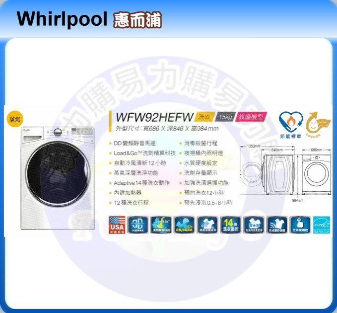 限量促銷 福利品【Whirlpool 惠而浦原廠正品】滾筒「洗脫」洗衣機 WFW92HEFW《15公斤》