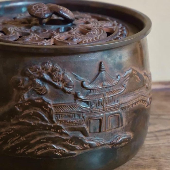 樓閣山水紋靈芝摘蓋建水銅製茶道具佐渡銅器重量1900gQ2331 | Yahoo拍賣