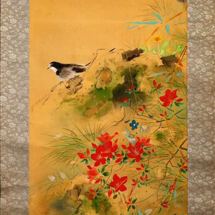 日野芳春　鎮宅守護四季花　掛軸　絹本 日野芳春 鎮宅守護四季花 掛軸 絹本