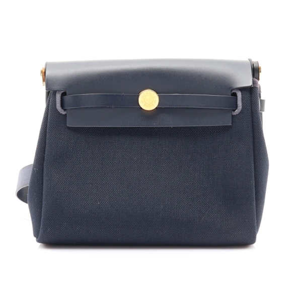 HERMES 愛馬仕 藍色帆布/牛皮 Herbag Zip 20 Mini 肩背包 K刻 金釦 【二手名牌BRAND OFF】