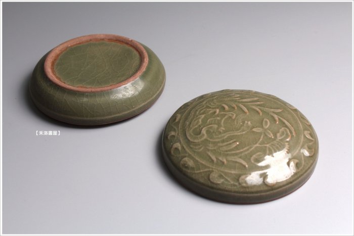 禾洛書屋】A.025宋耀州窯《青釉刻花草紋》(11cm)印泥盒/印缸/香盒/盤