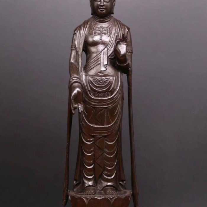 でこい　石崎秀峰 勤作 「 木彫 文殊菩薩 」 金銘　共箱 高さ37.5㎝ 可議價日展作家日本金工名家石崎秀峰作《鑄銅制真見佛觀音菩薩立像