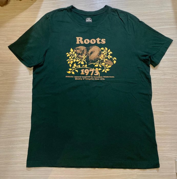 Tag【Roots】男款 品牌50週年紀念系列手繪海狸 有機棉 休閒 短袖T恤 深綠色 XL號 一元起標無底價 6A112