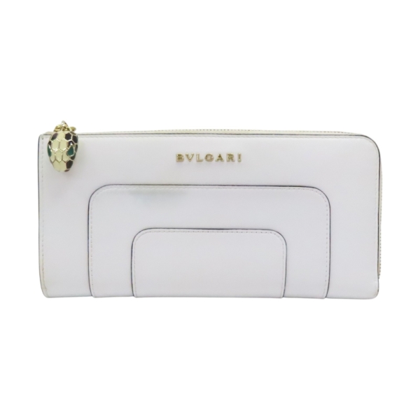 【BVLGARI 寶格麗】白色 牛皮 Serpenti 拉鏈長夾 36477