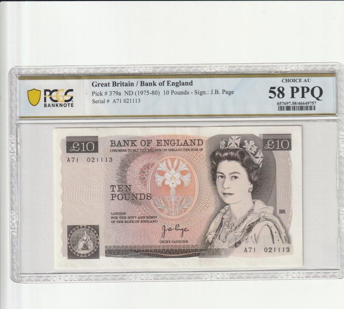 0905-20，英國ND(1975-80年)$10，PCGS 58PPQ，共1枚，品項如圖
