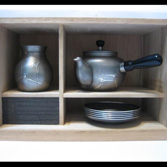 勇福堂》】日本茶道具－浪華錫半造【日本純錫製飛鳥紋茶器三件（茶壺