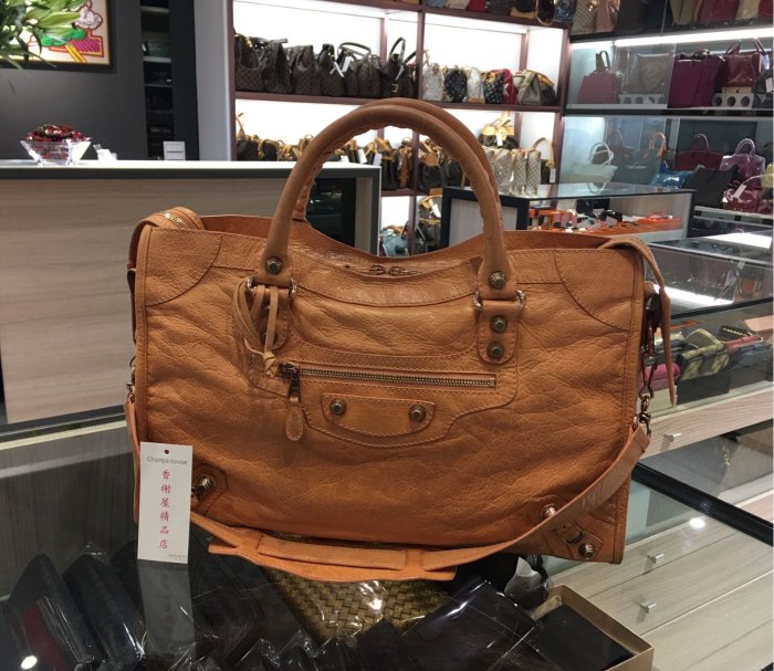 **香榭屋精品店 ** 巴黎世家 Balenciaga City 7960 粉橘色玫瑰金釦機車包 肩揹包(XB5400)