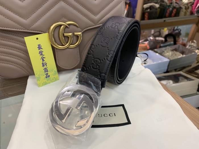 ☆最愛二手精品☆ GUCCI 全新黑色全皮壓紋銀色雙G logo 皮帶 90 411924 90cm