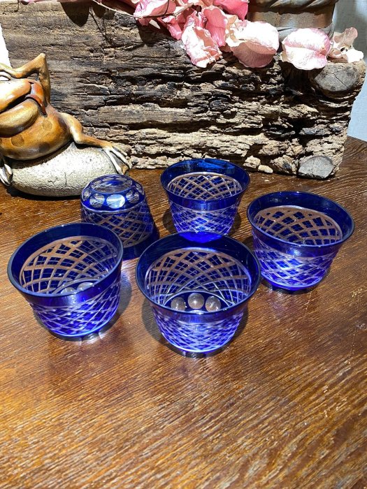 2544 藍切子　5客　未使用 日本藍色切子杯，玻璃杯，南蠻切子，五客，手工胎，手工切割，做工精致