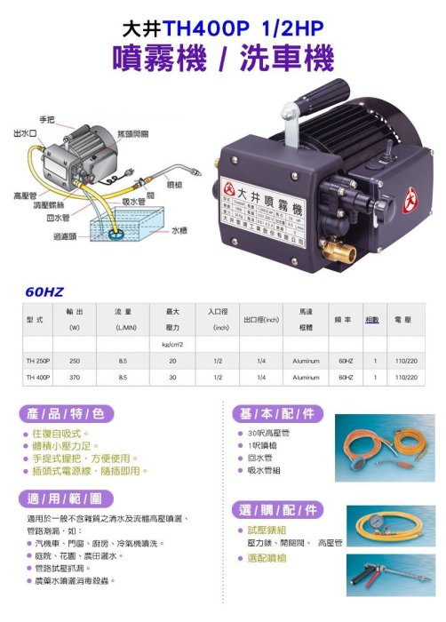 含稅歡迎【鋐宇泵浦技研館】 大井TH400P 1/2HP 噴霧機洗車機清洗機全配