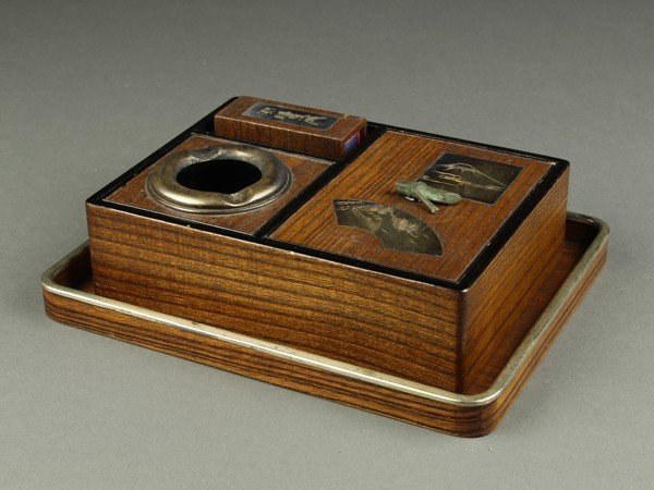 CH972 時代物【銀製刻印/星印】銀縁唐木長方煙草盆一式（銀煙草入/