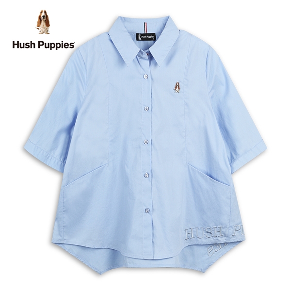 Hush Puppies 襯衫 女裝素色品牌英文後打褶五分袖襯衫