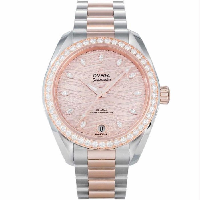 OMEGA 歐米茄 220.25.34.20.59.001海馬 AquaTerra 34mm 鑽石粉紅色盤 不鏽鋼玫瑰K金半金錶帶 機械 女錶