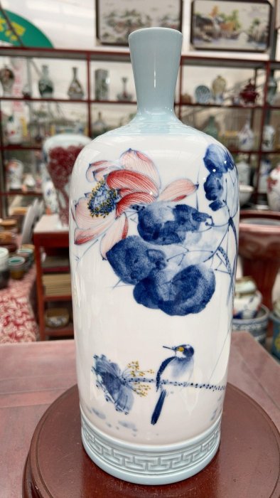 景德鎮青花加彩花瓶，涂玉平老師親繪《和氣吉祥》，純手工精製，