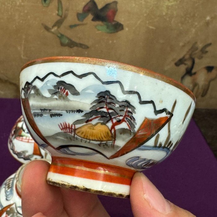嚴選中古日本江戶明治時期九谷茶杯，全手繪極老瓷器，無沖口完好，底足