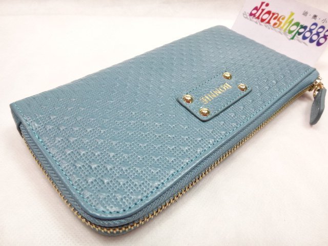 ＊迪奧小店＊BONNIE真皮拉鍊長夾／特別款L型錢包．時尚焦點．壓紋牛皮／藍／勁爆價