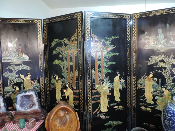 禎安丹雜藝~早期玉石美人圖漆器四連屏風鑲玉嵌寶梅蘭菊竹四君子繪畫