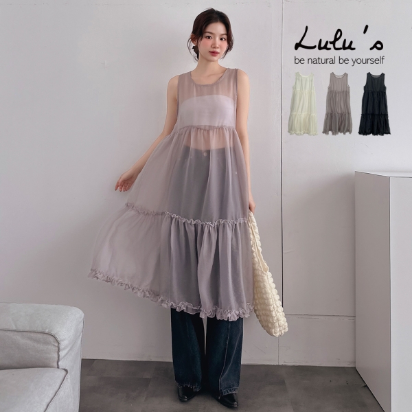 LULUS/荷葉邊拼接透紗罩衫洋裝３色【A03250042】