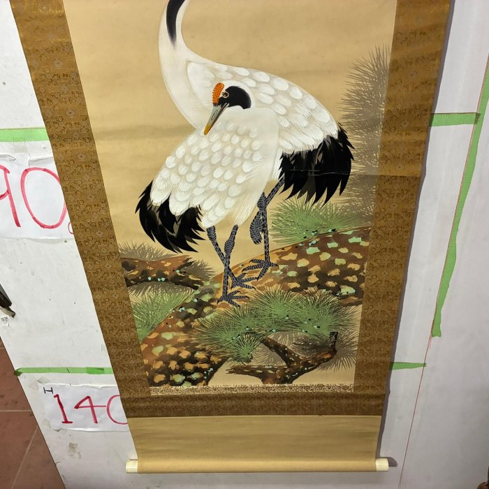 藏舊尋寶屋】老日本畫家作落款「松鶴圖」水墨畫掛軸/畫軸/掛軸《絹本