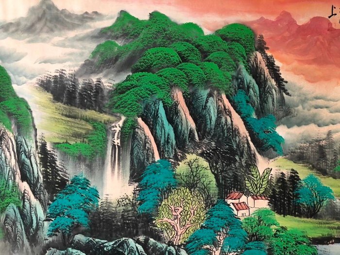 60【陸儼少】雲嚴飛瀑，橫幅四尺手繪作品，裝裱尺寸184*86cm左右，畫芯