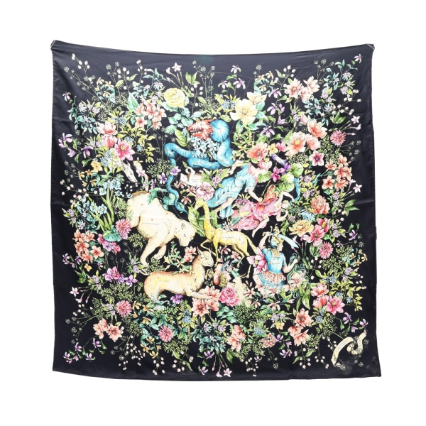 Dior 迪奧 深藍色 多色印花 絲綢 方巾 【二手名牌BRAND OFF】