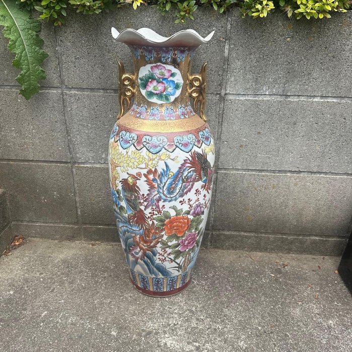 大型 花瓶 鳳凰 牡丹 金彩 陶器製 インテリア 豪華絢爛 金彩 花瓶 鳳凰