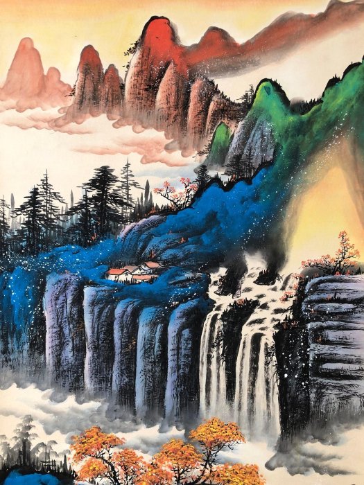 PA85【張大千】山水，四尺扇面精裱純手繪中堂畫，裝裱尺寸232*89cm左右