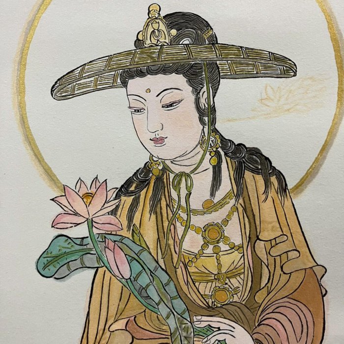 天臺宗高僧中谷宥惠創作《觀音像》佛系工筆畫，陶瓷軸頭綾裱紙本，尺寸