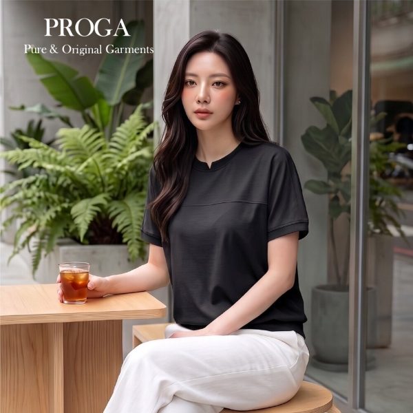 PROGA 純棉 100%液氨絲光長絨棉 80支150g日系落肩短袖T恤女 現貨(5色)寬鬆遮肉 下擺收腰 顯瘦上衣PG2606