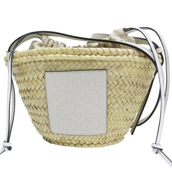 LOEWE 羅威 Drawstring 水桶包 米色 拉菲草 白色牛皮 肩背包 【二手名牌BRAND OFF】
