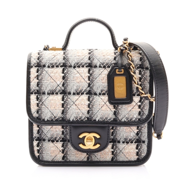 CHANEL 香奈兒 黑灰色 毛呢格紋 Top Handle Flap 鍊帶肩背包 金釦 【二手名牌BRAND OFF】