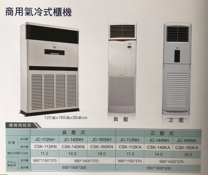 金鼎JinTing定頻商用氣冷式正壓櫃型冷氣機 JC-160NH/CSK-160KA