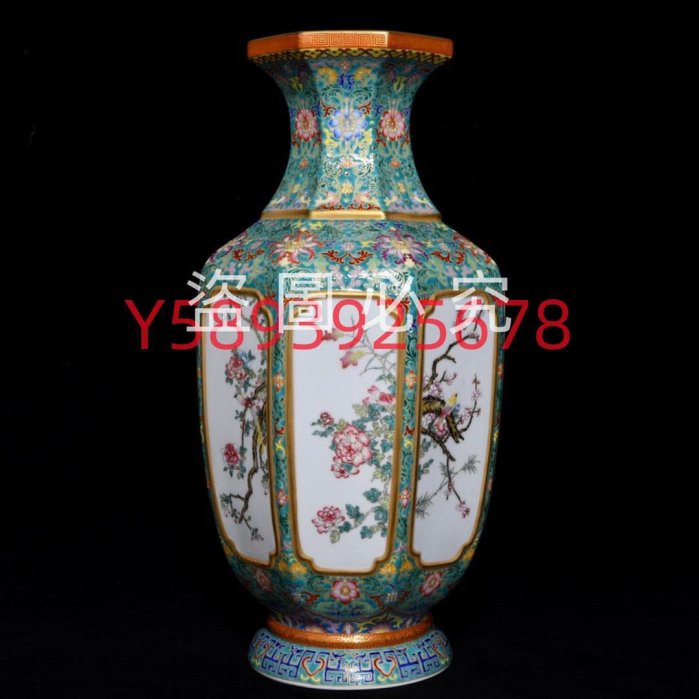 ※中国古美術/琺瑯花鳥紋八角長頸瓶/ (底款:大清乾隆年製) 中国古美術/琺瑯花鳥紋八角長頸瓶/ (底款:大清乾隆年製)