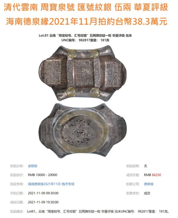 清代雲南【五兩加重版銀錠】 周寶銓號滙號紋銀官公估童福盛佘慶盛看中