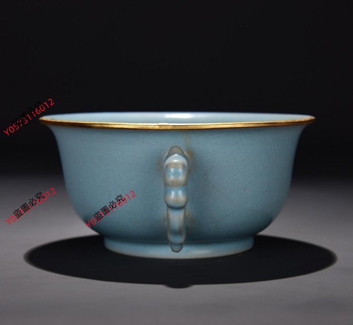 舊藏宋汝窯天藍釉包金口雙耳尊尺寸：7×1920xq29727古玩收藏擺件| Yahoo拍賣