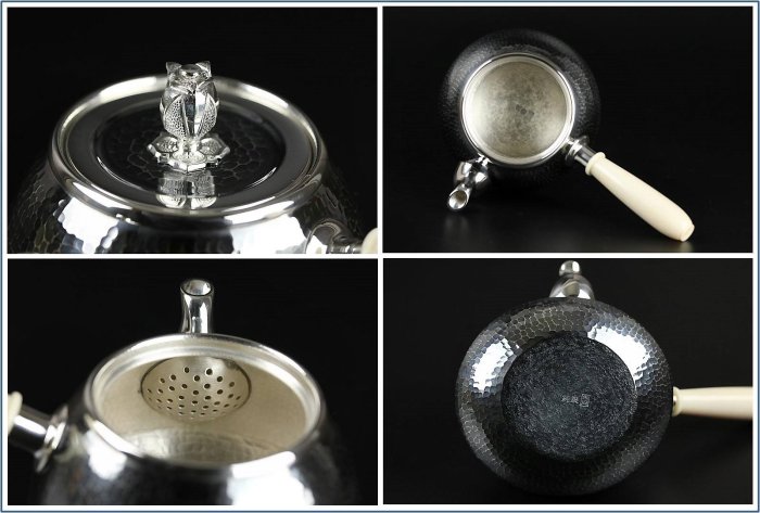 勇福堂》】日本茶道具－森川榮月造【純銀釜型鎚目、花摘側把銀壺（急須