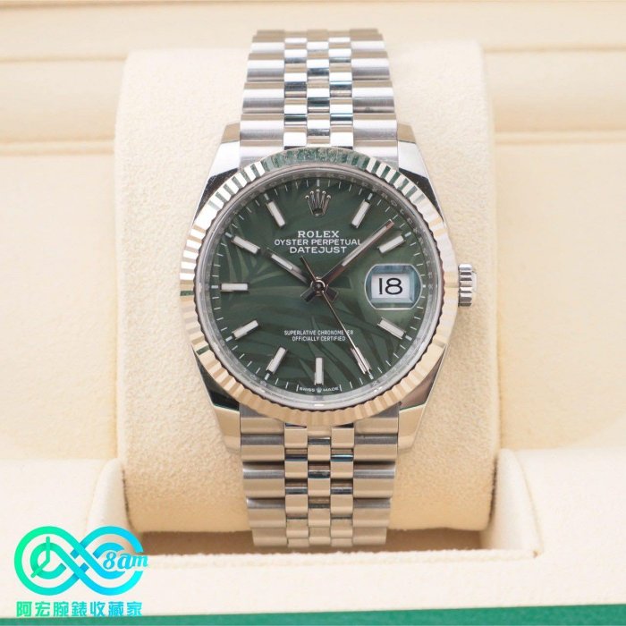2022年保卡 ROLEX 勞力士 Datejust 36 紀念型五銖錶帶  126234  棕櫚葉面盤  經典18K三角坑紋錶圈 自動上鍊 36mm