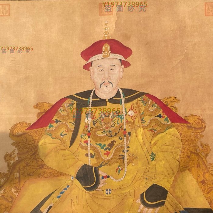 皇帝像【郎世寧】雍正，一物一圖，大六尺絹本純手繪精美作品裱裝【古董