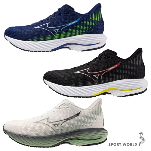 Mizuno 美津濃慢跑鞋男鞋4E超寬楦WAVE RIDER 28 藍/黑/白綠【運動世界