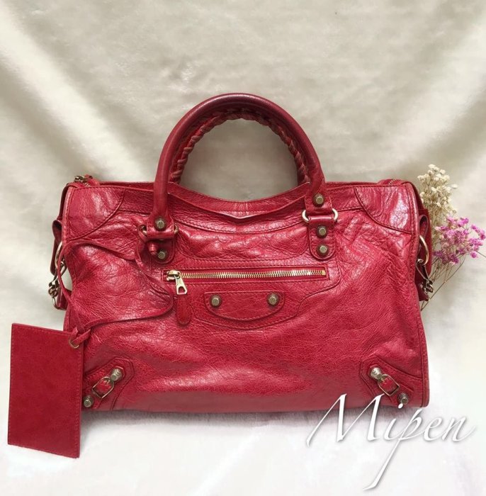 ☆名品寶庫☆ Balenciaga 巴黎世家 紅色 絕版款 小玫瑰金釦 羊皮 City 手提 肩揹包 特價 *現貨* ☆