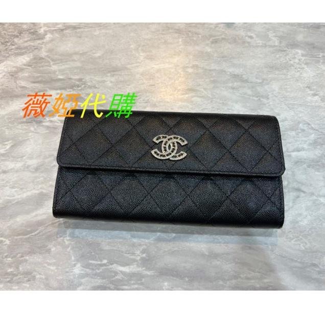 二手CHANEL 香奈兒 黑色牛皮荔枝紋 水鑽錢包 CC 翻蓋長夾 錢包 手拿包 AP2740 精品 99新