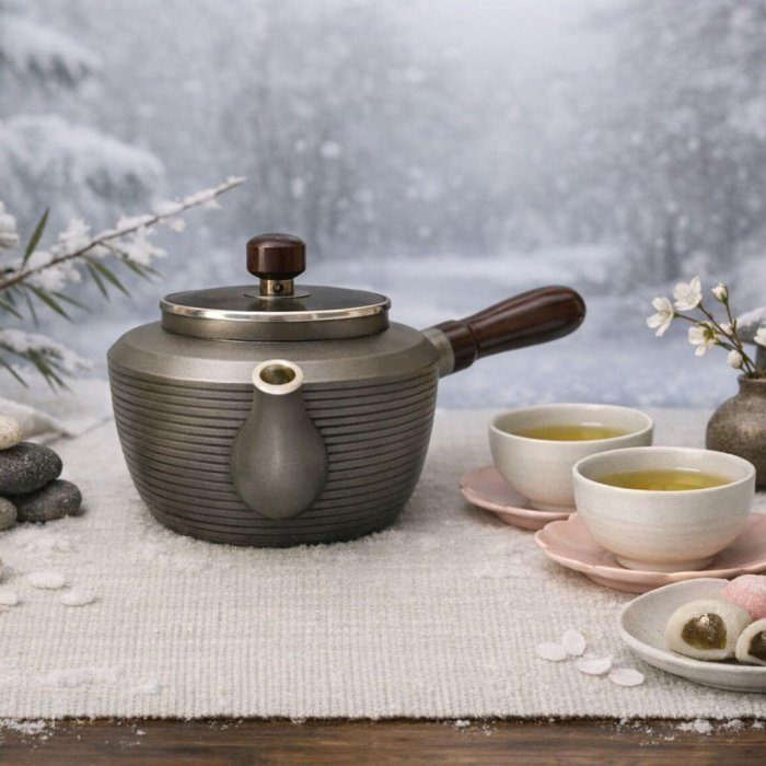 日本金工藝品茶道具~精美日本側把錫茶壺，日本大阪煙波浪華傳統手作錫