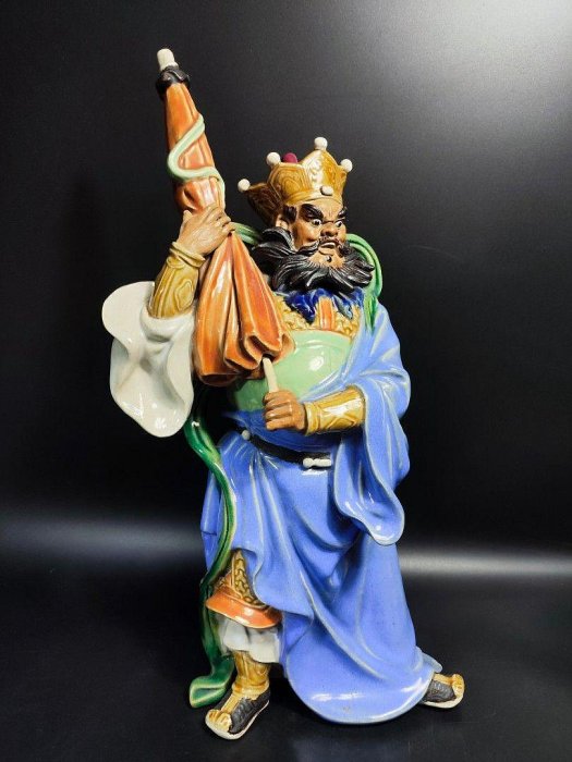 早期石灣陶老件-大型風調雨順之多聞天王#01（名家：林偉東）高45公分