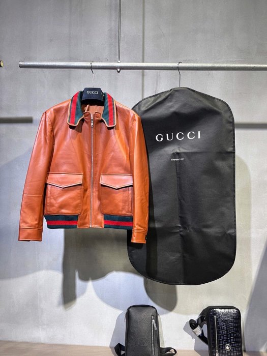 『RP精品』GUCCI 古馳 紅綠織帶 翻領口袋皮衣 外套 夾克