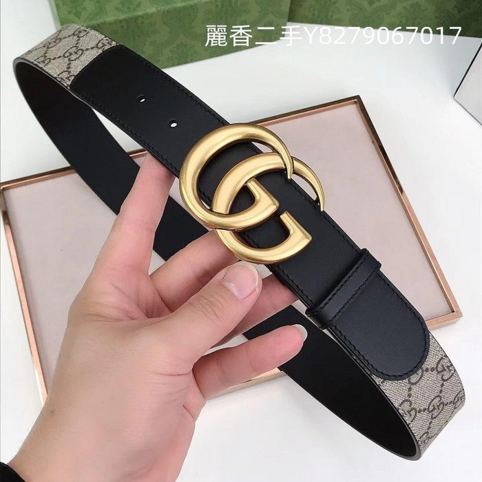 二手精品 GUCCI 古馳 雙G帶扣GG Supreme帆布腰帶 4CM皮帶 男士皮帶 400593