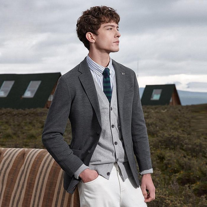 Hazzys【彈力珠地】哈吉斯春秋季男士西裝外套商務休閑純色西服男