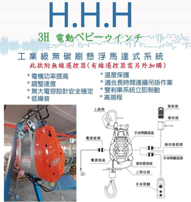3H牌 180公斤小金剛/無線遙控組/無線遙控小金鋼吊車/電動吊車/小金剛吊車/小金鋼無線遙控/無線遙控器 可調速型